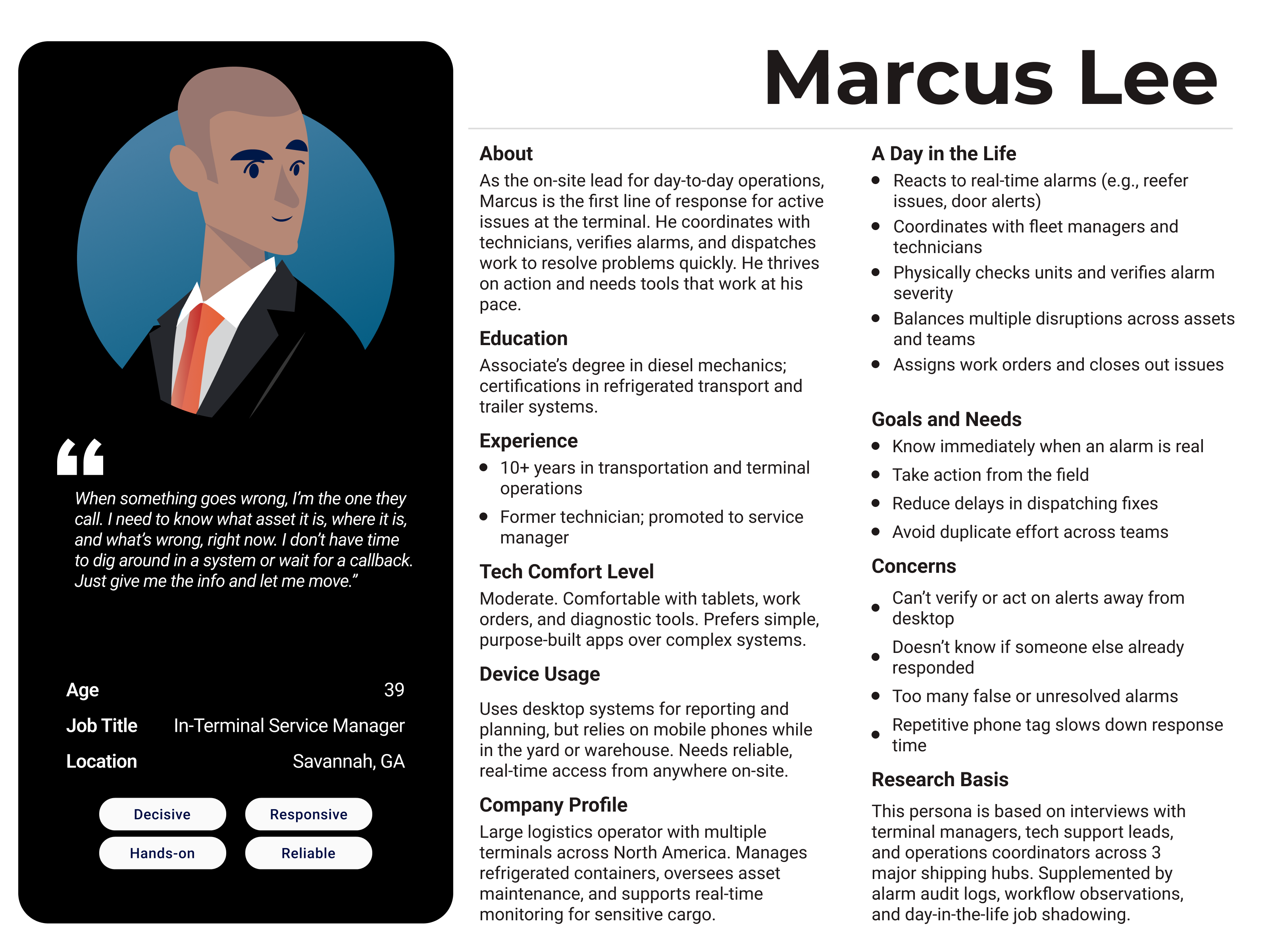 Persona artifact for Marcus Lee, an Operations Manager overseeing mixed reefer and dry fleets. His goals and frustrations directly informed dashboard card prioritization and customization features.